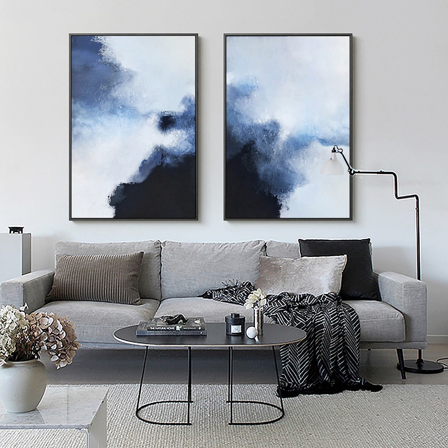Blue and White Abstract Landscape Oil Painting for Modern Home Decor