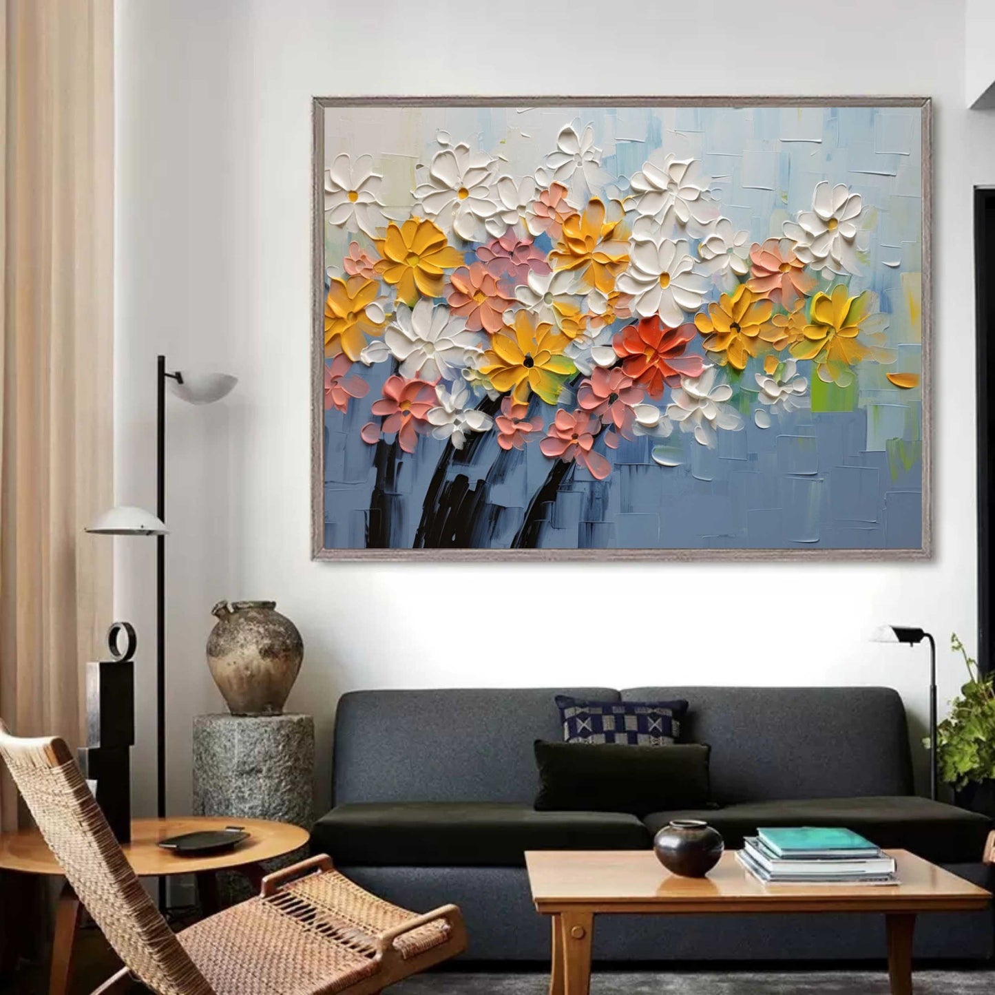 Vibrant Floral Oil Painting with Textured Blooms in Soft Pastels and Bright Hues