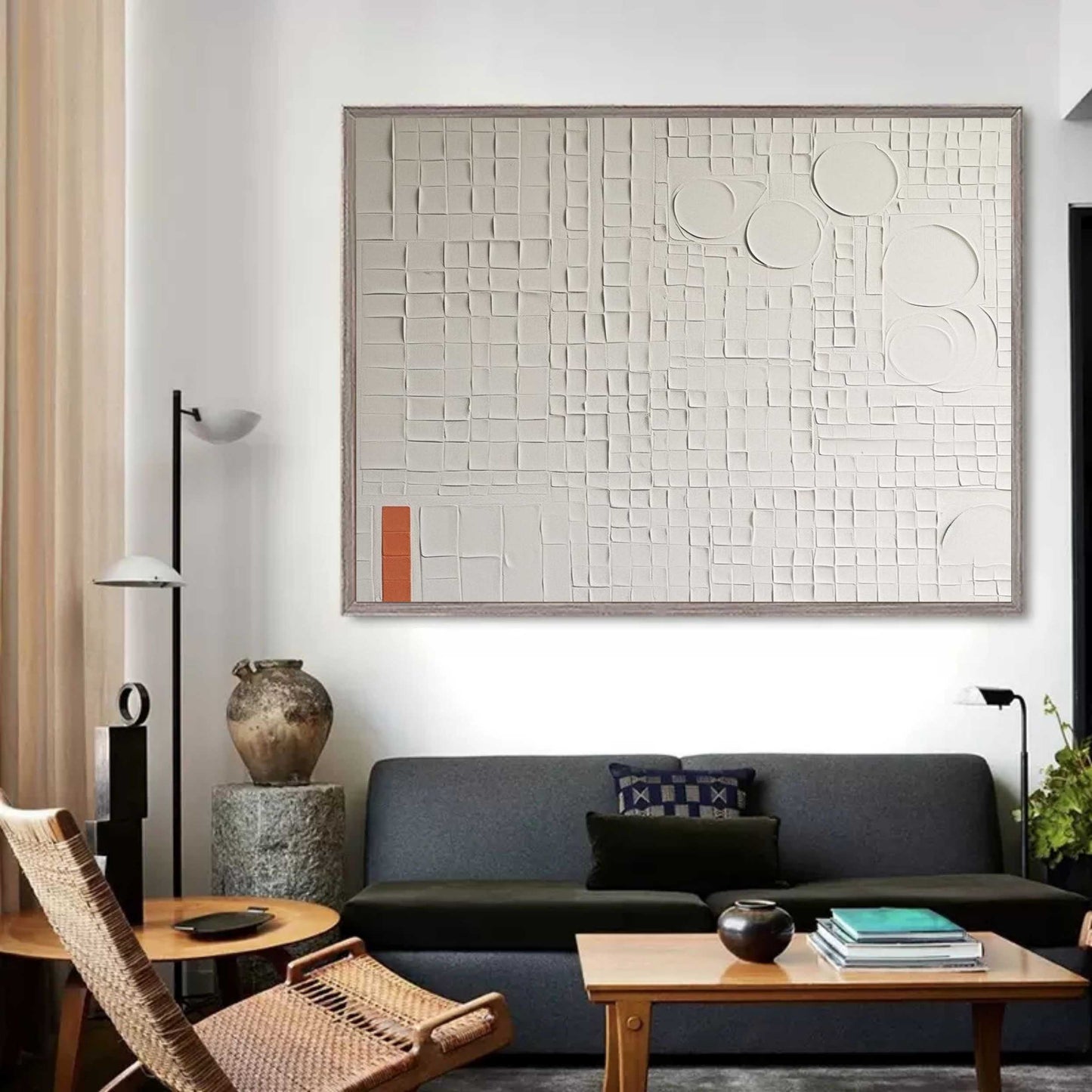 Textured White Oil Painting with Geometric Shapes and Subtle Color Accents