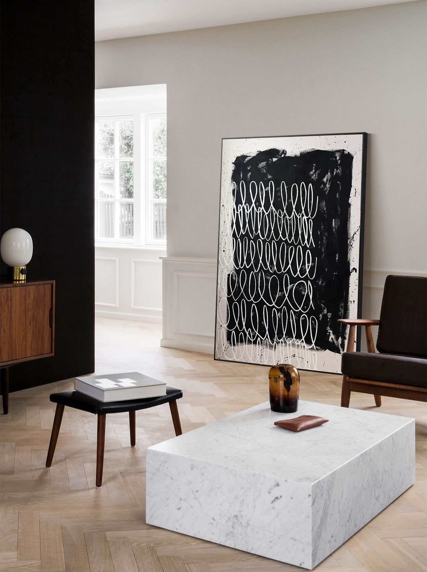 Contemporary Minimalist Black and White Line Art Oil Painting for Modern Decor