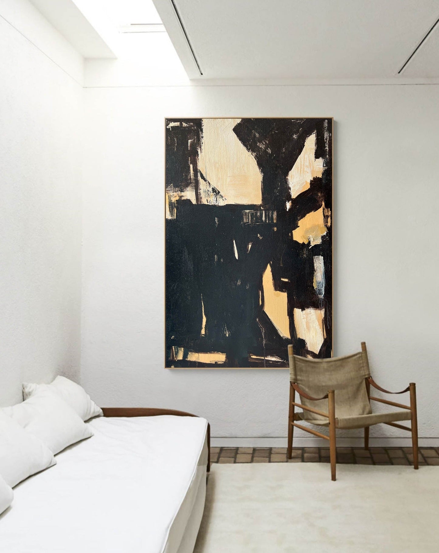 Modern Minimalist Black and Beige Abstract Oil Painting for Contemporary Decor