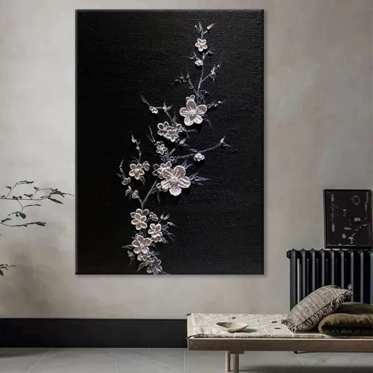Elegant Floral Textured Oil Painting on Black Canvas