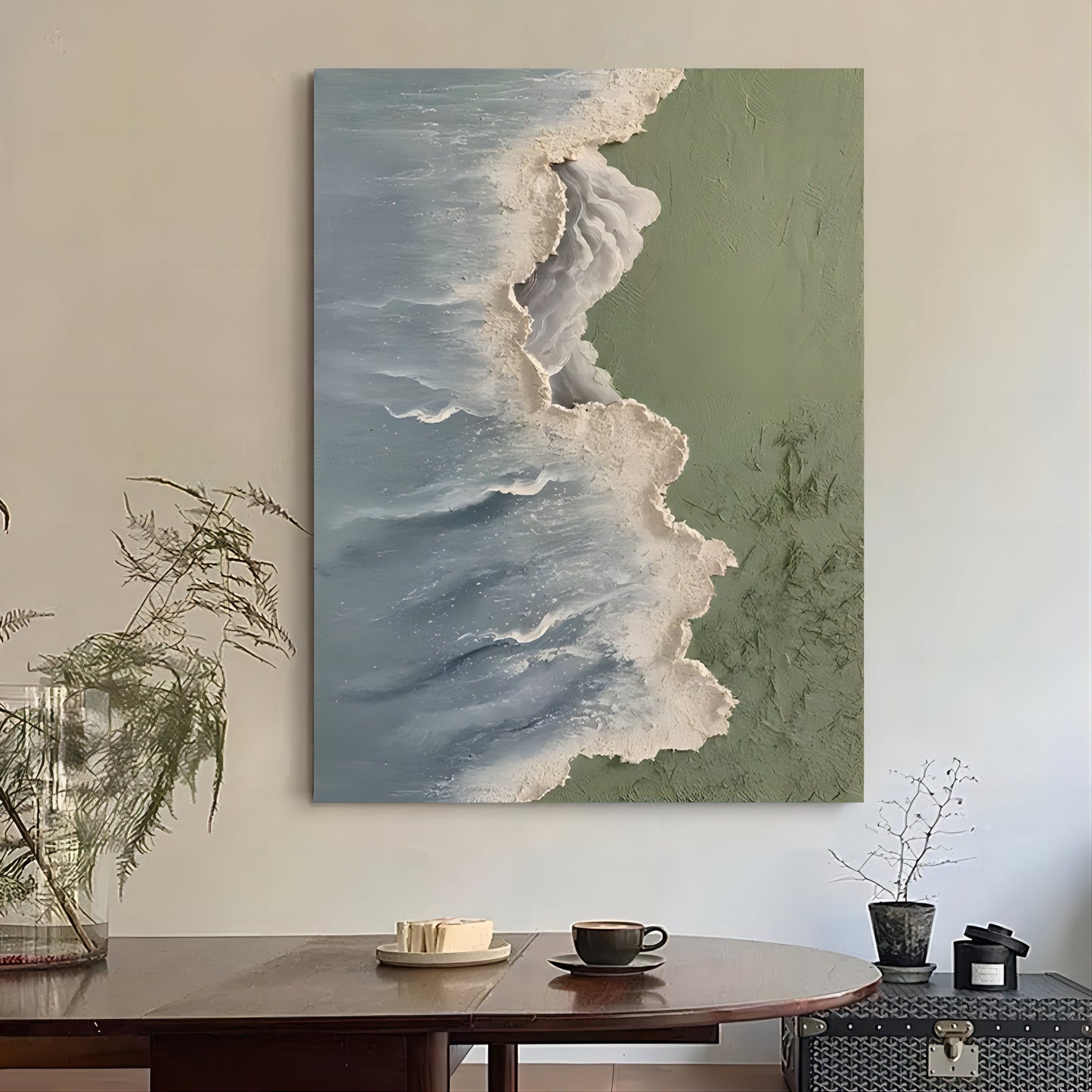 Coastal Serenity: Textured Ocean Waves and Nature in Stunning Oil Painting Art