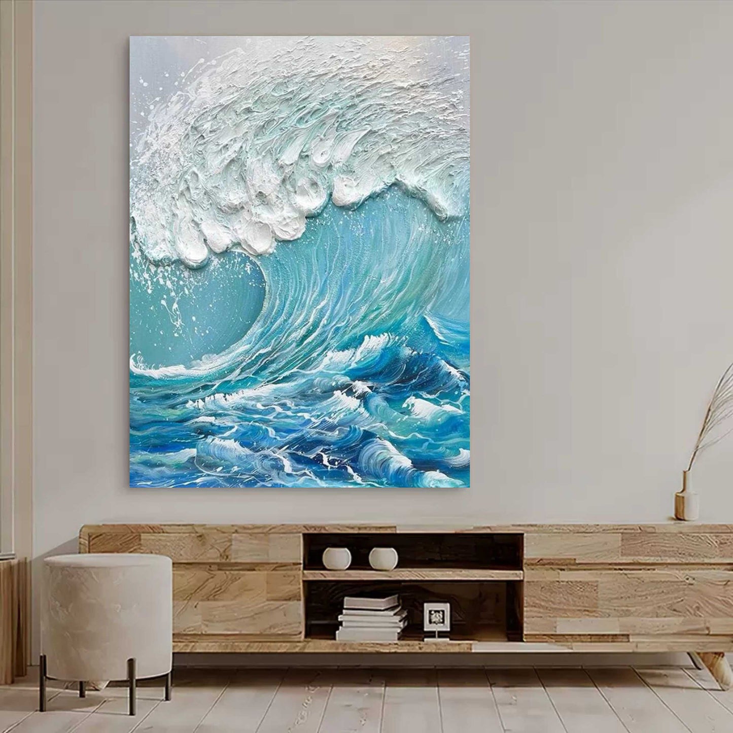Dynamic Ocean Wave Oil Painting with Textured Plaster Finish