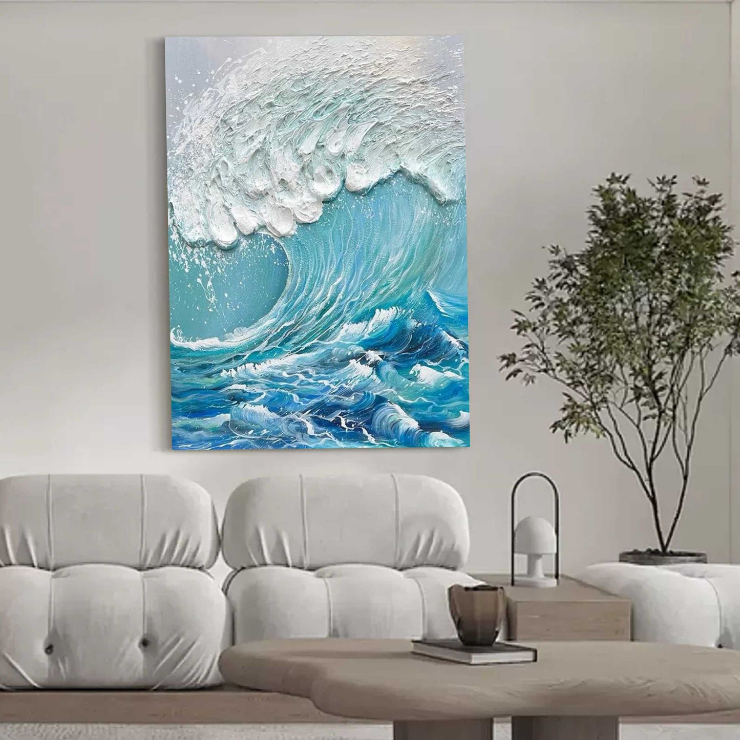 Dynamic Ocean Wave Oil Painting with Textured Plaster Finish