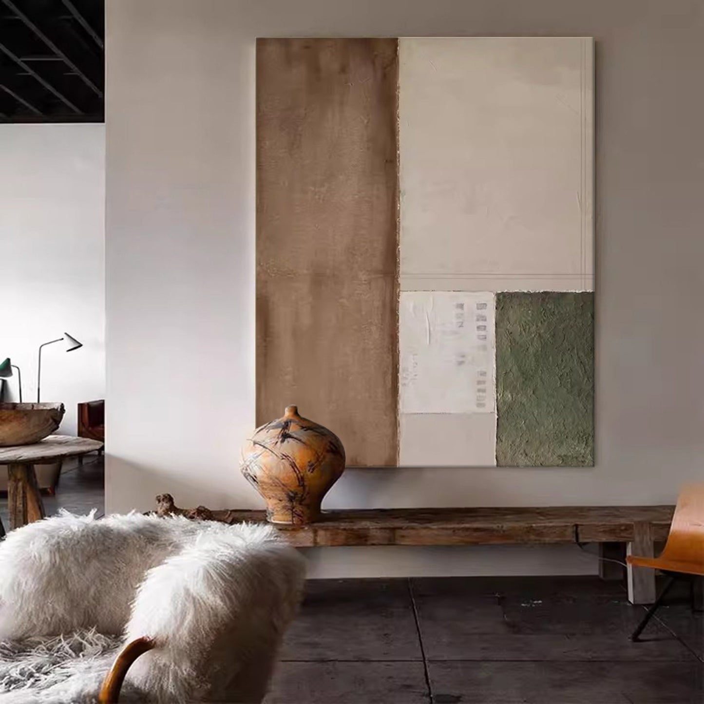 Elegant Minimalist Geometric Oil Painting in Earthy Tones for Modern Decor