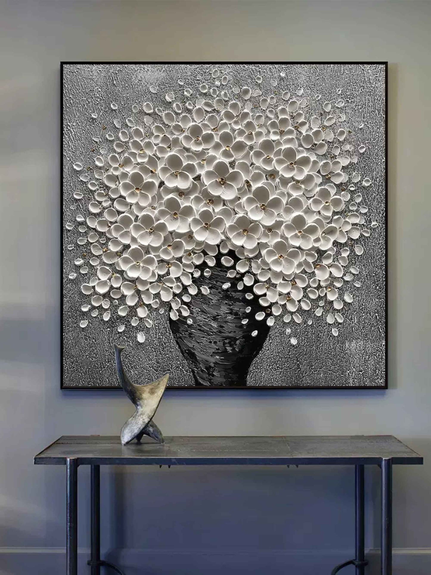 Elegant White Floral Bouquet in Black Vase - Textured Oil Painting for Home Decor