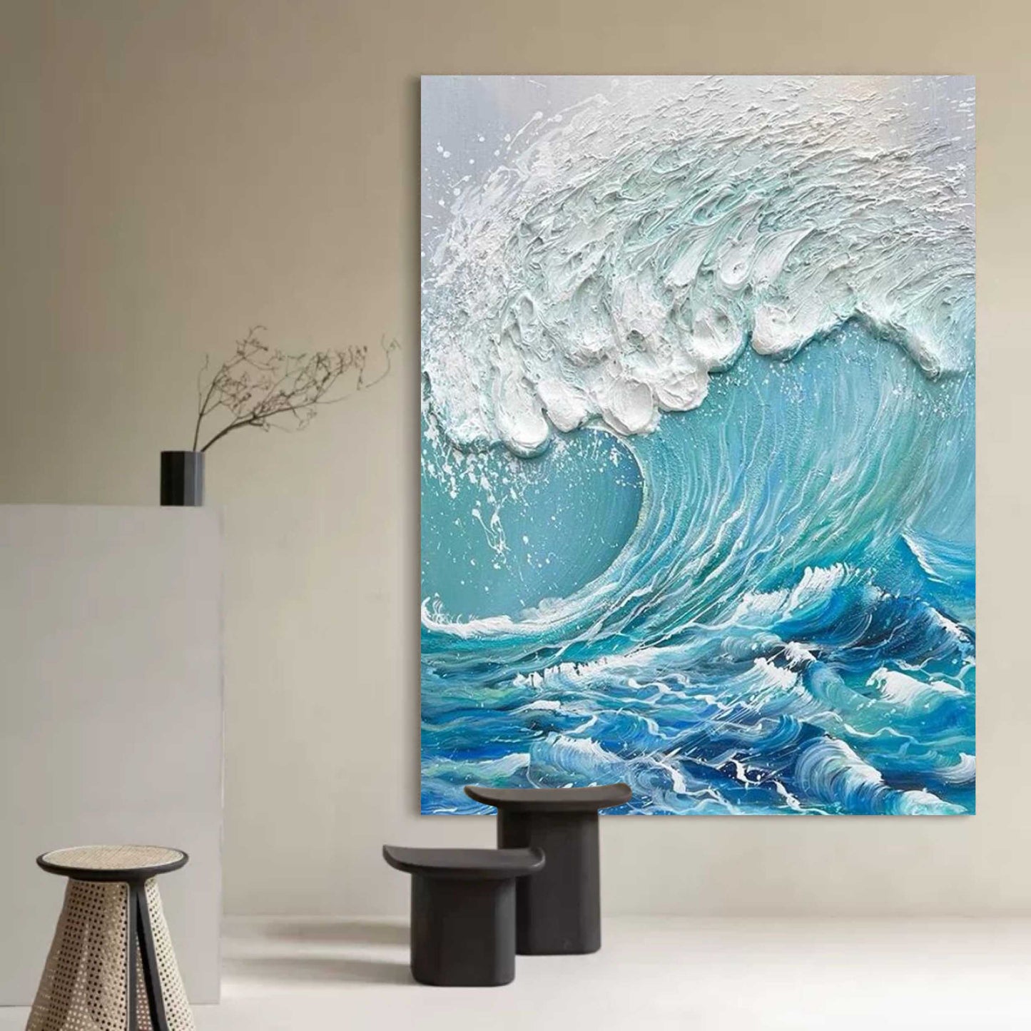Dynamic Ocean Wave Oil Painting with Textured Plaster Finish