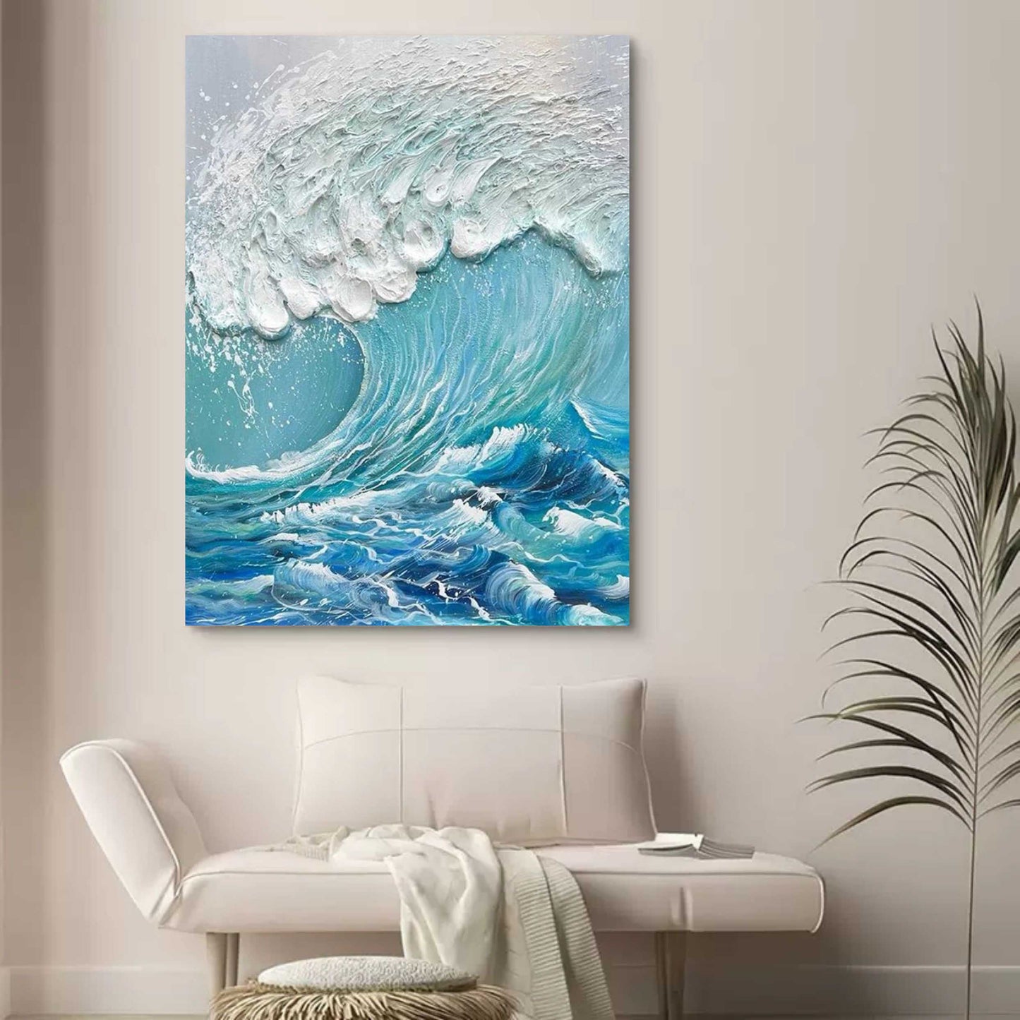 Dynamic Ocean Wave Oil Painting with Textured Plaster Finish