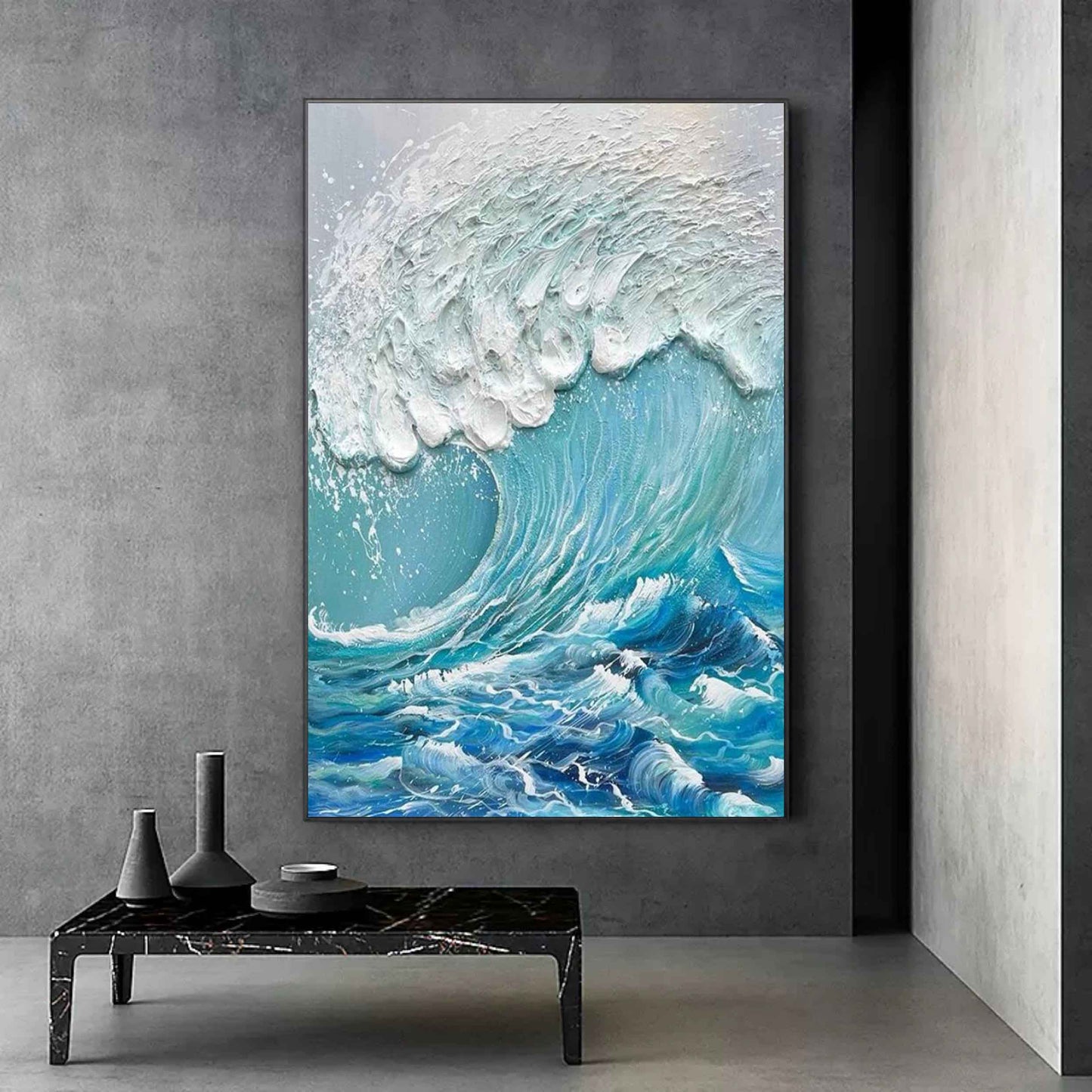 Dynamic Ocean Wave Oil Painting with Textured Plaster Finish