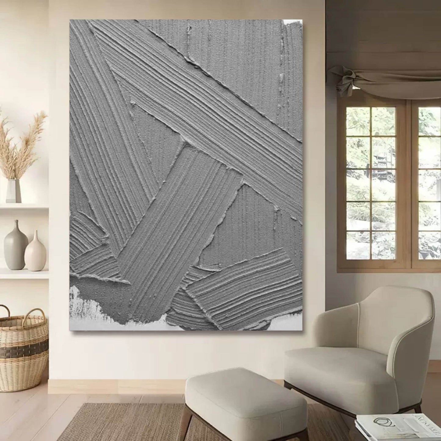 Modern Grey Abstract Oil Painting for Minimalist Home Decor