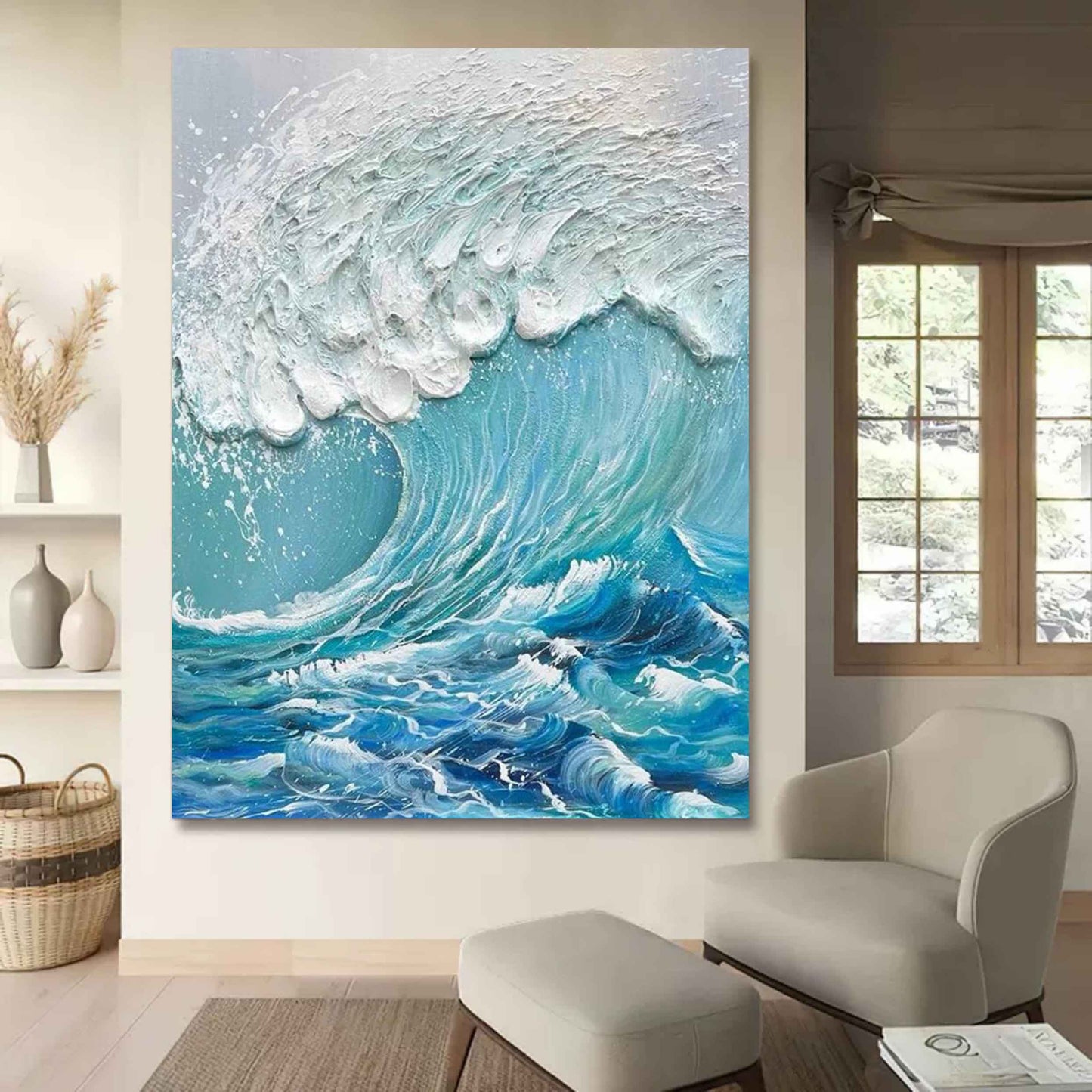 Dynamic Ocean Wave Oil Painting with Textured Plaster Finish