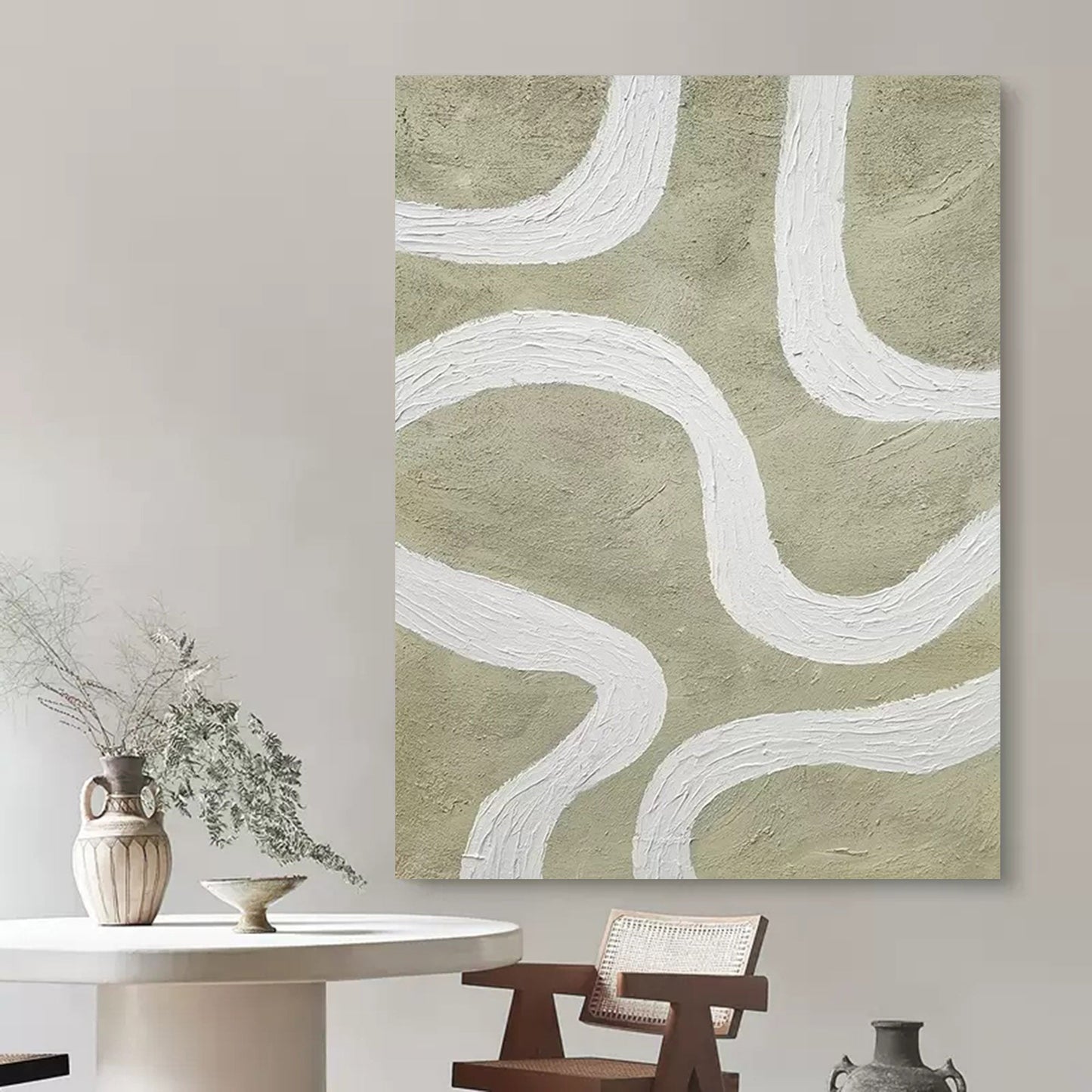Modern Minimalist Line Art Painting with Abstract White Curves on Earthy Background