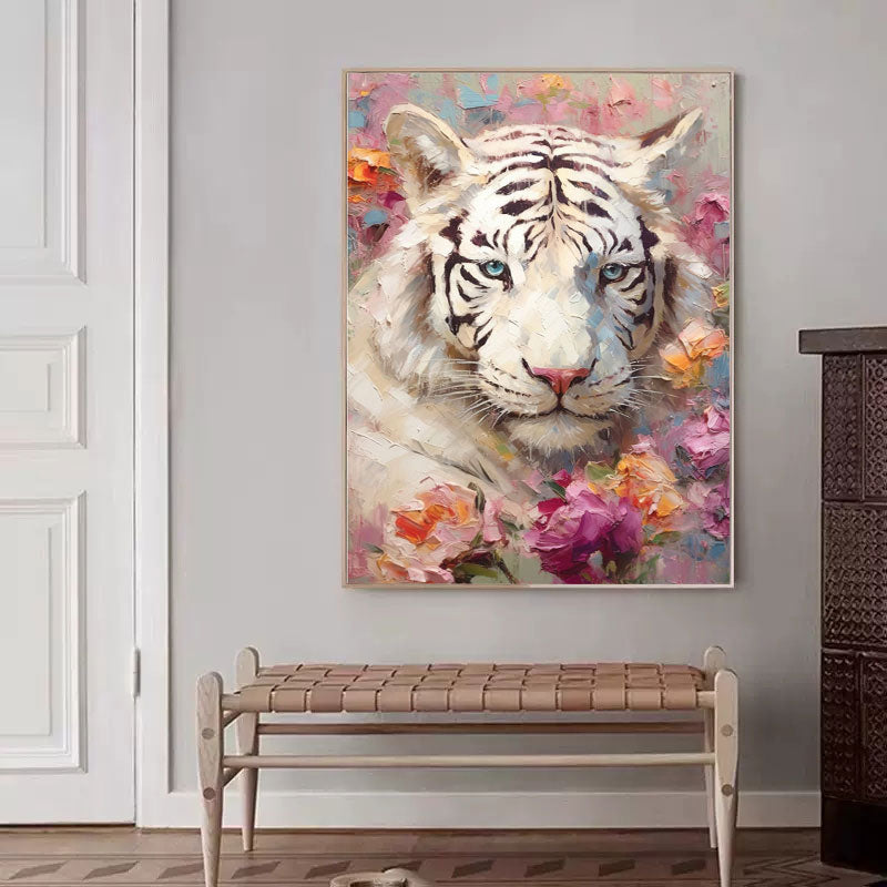 Majestic White Tiger Oil Painting Surrounded Vibrant Florals