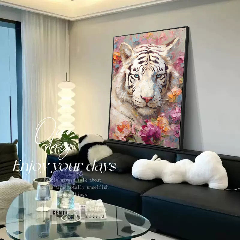 Majestic White Tiger Oil Painting Surrounded Vibrant Florals