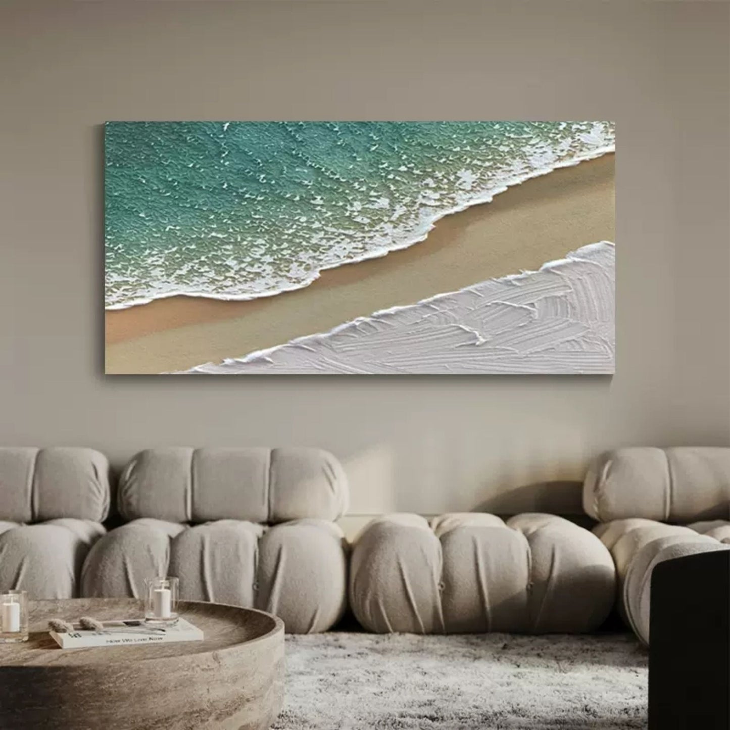 Serene Seaside Abstract Oil Painting with Textured Waves and Sandy Beach