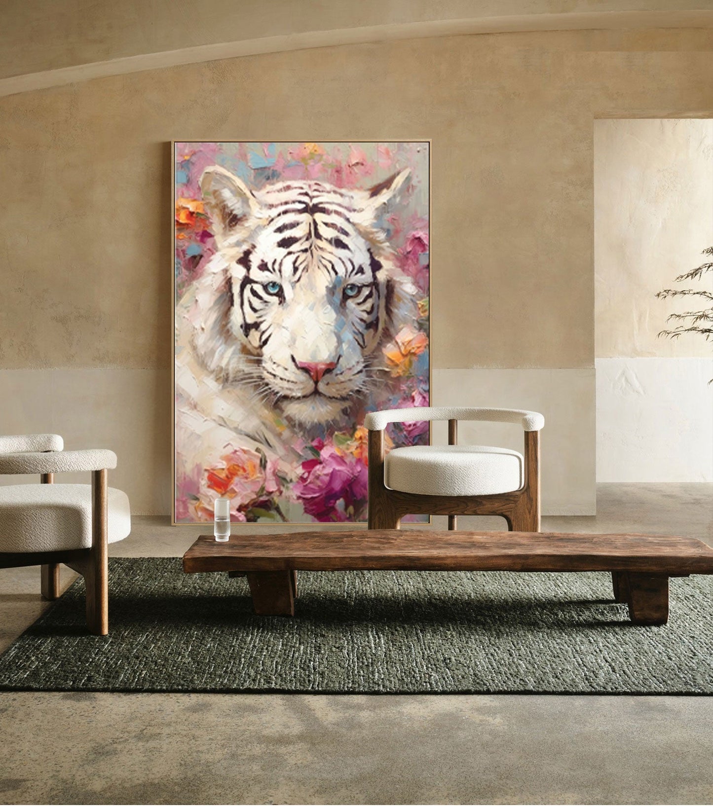 Majestic White Tiger Oil Painting Surrounded Vibrant Florals