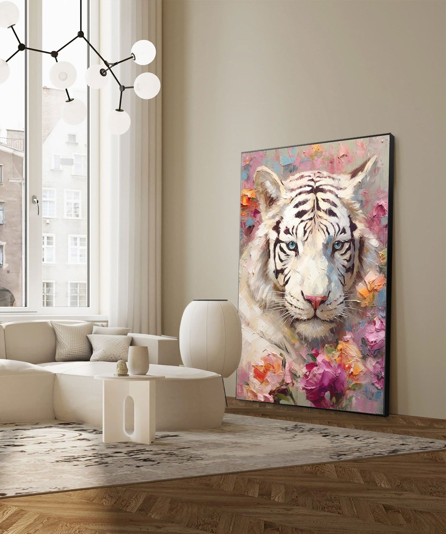 Majestic White Tiger Oil Painting Surrounded Vibrant Florals