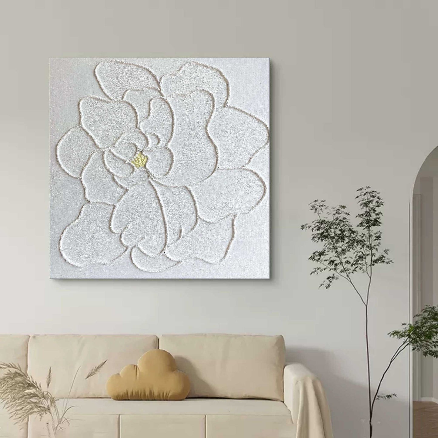 Elegant White Flower Oil Painting with Textured Plaster Finish for Home Decor