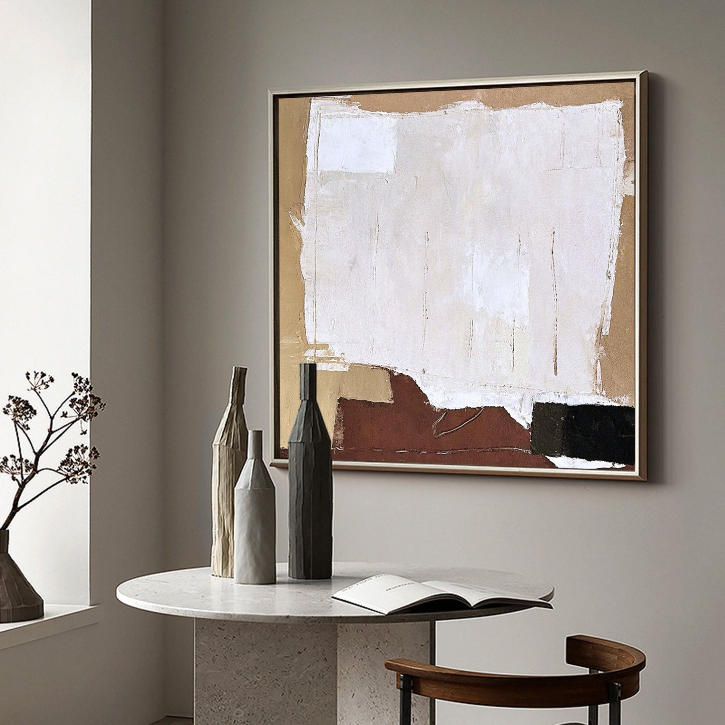 Contemporary Abstract Oil Painting with Textured Shades of Beige and Earth Tones