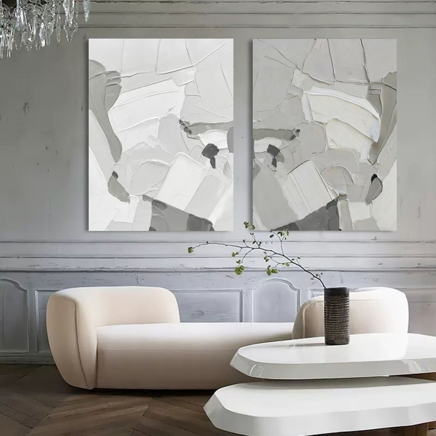 Contemporary Abstract Oil Painting Duo in Monochrome Shades for Modern Decor