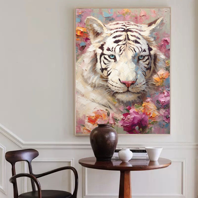 Majestic White Tiger Oil Painting Surrounded Vibrant Florals