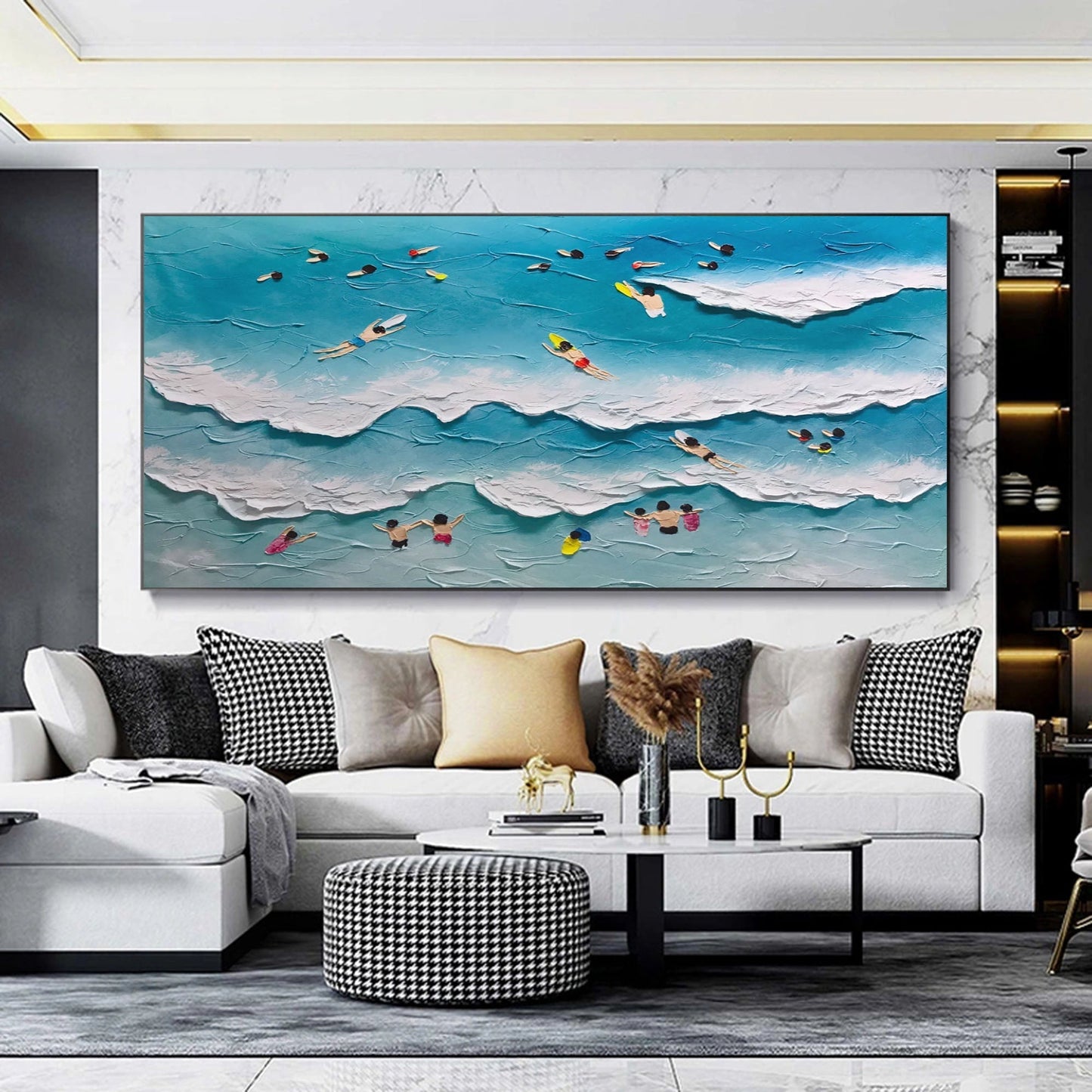 Vibrant Beach Scene Oil Painting with Textured Waves and Summer Fun