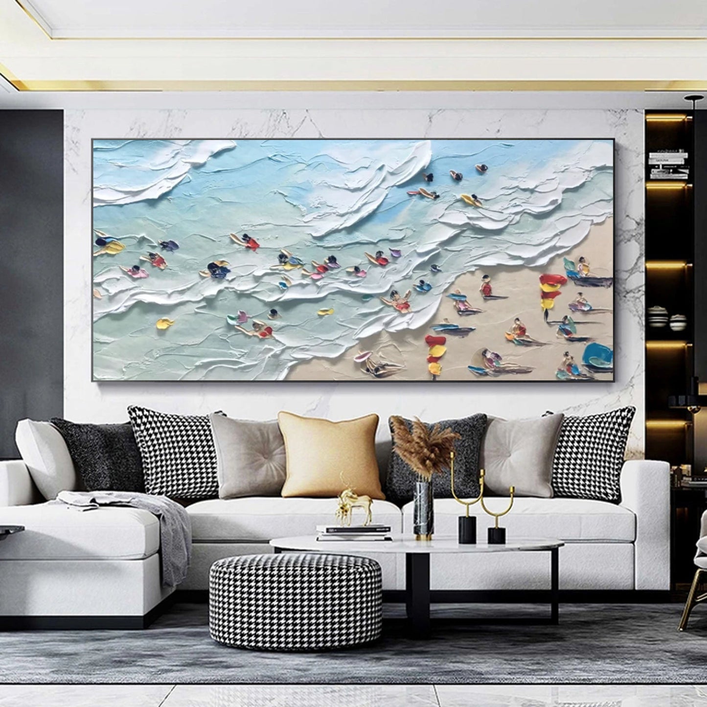 Coastal Bliss: Textured Oil Painting of Beach Scene with People and Ocean Waves