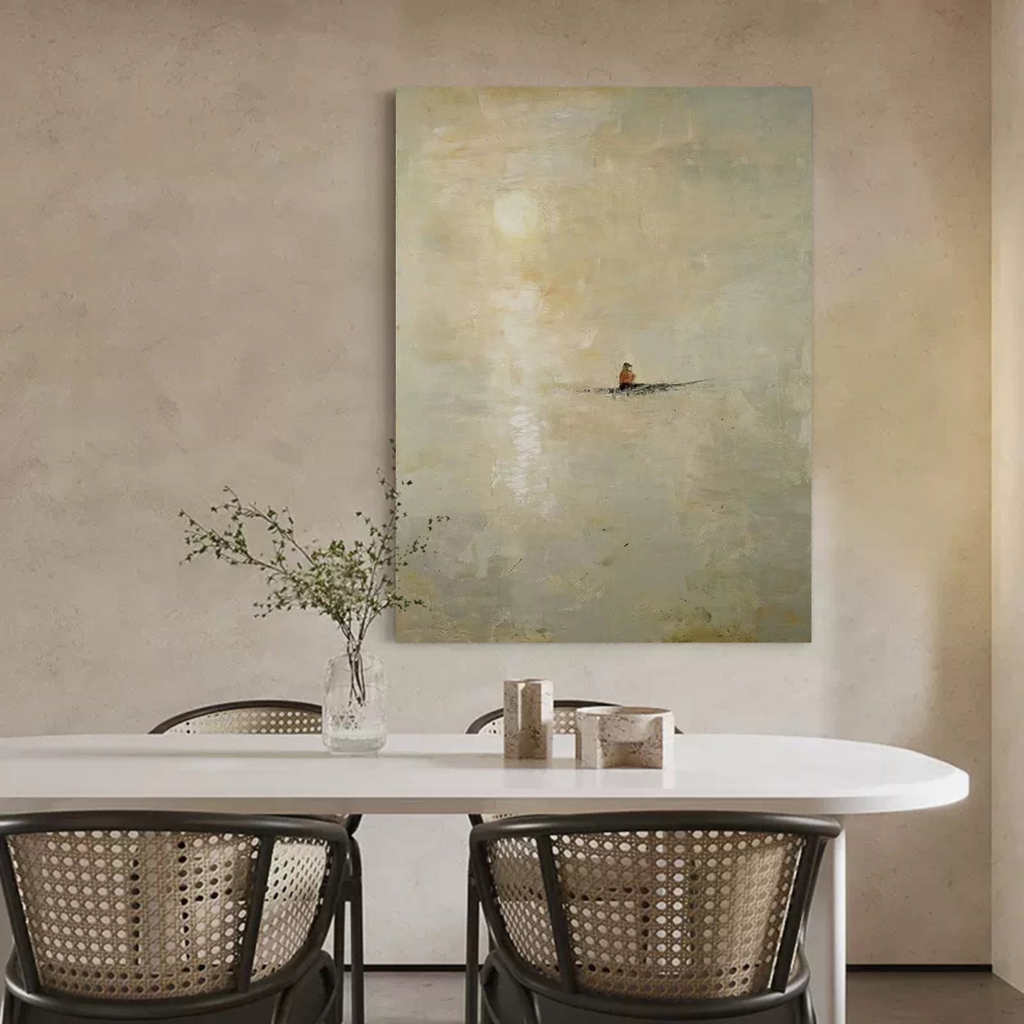 Serene Minimalist Landscape with a Rowboat – Tranquil Oil Painting for Home Décor