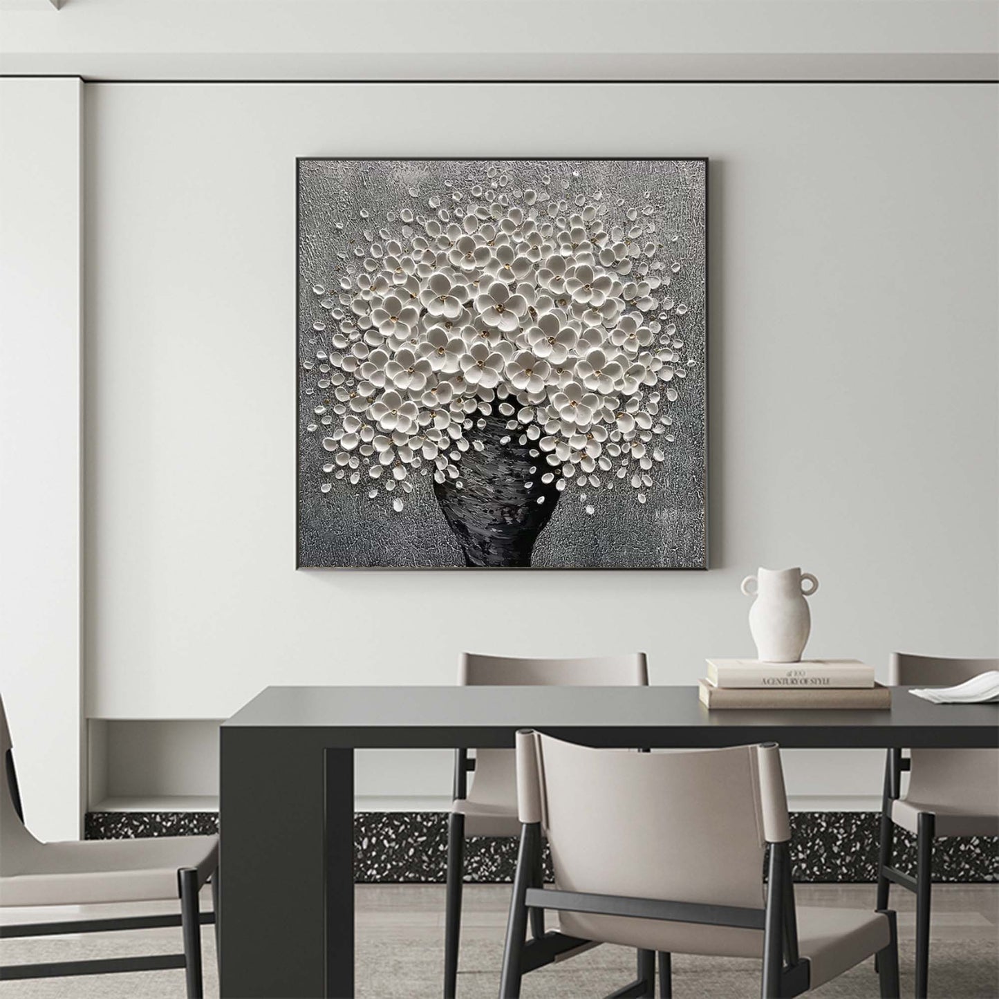 Elegant White Floral Bouquet in Black Vase - Textured Oil Painting for Home Decor