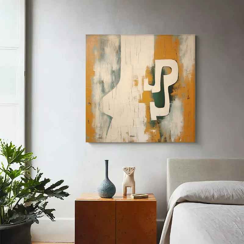 Contemporary Minimalist Oil Painting with Bold Shapes and Earthy Tones