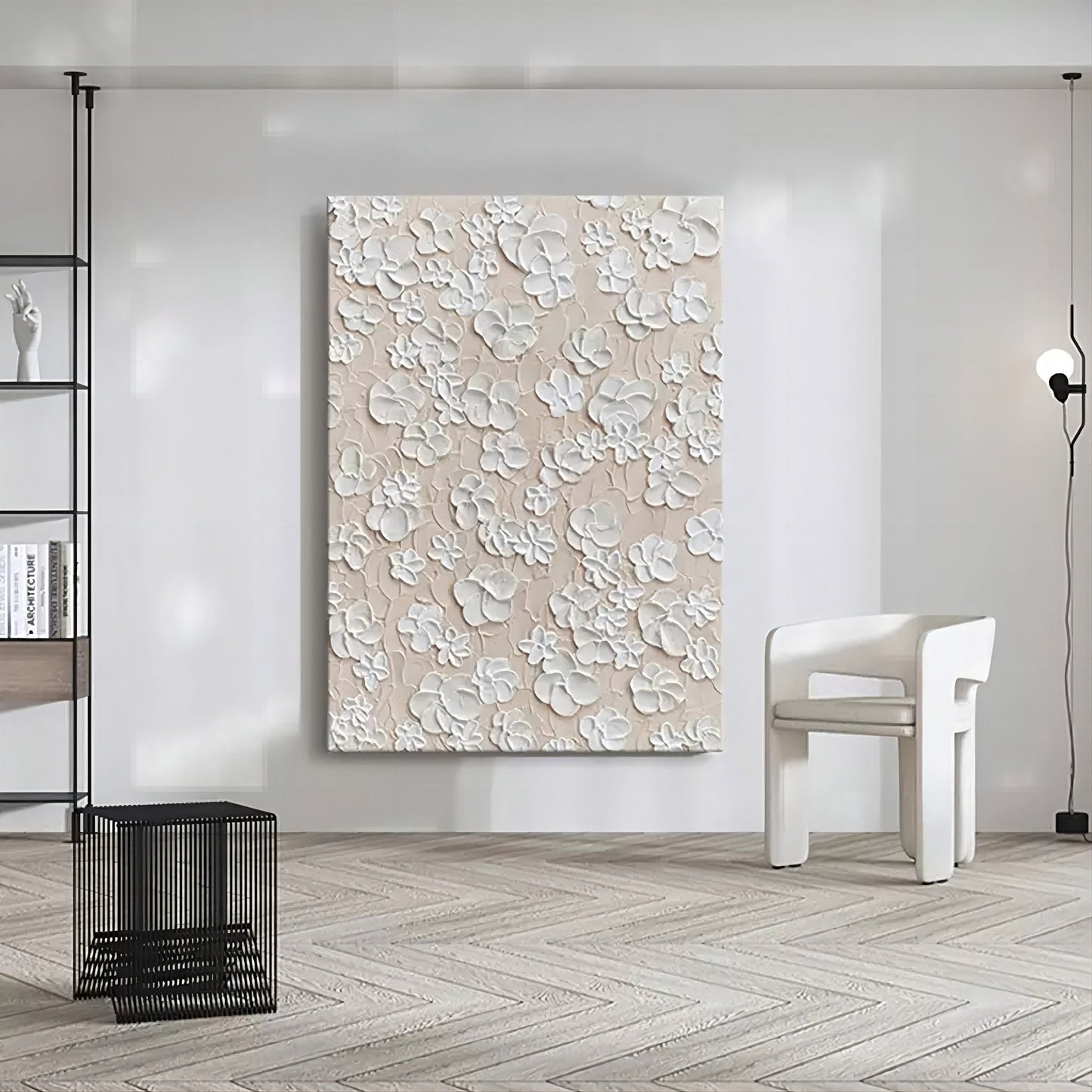 Textured Floral White Oil Painting for Elegant Home Decor
