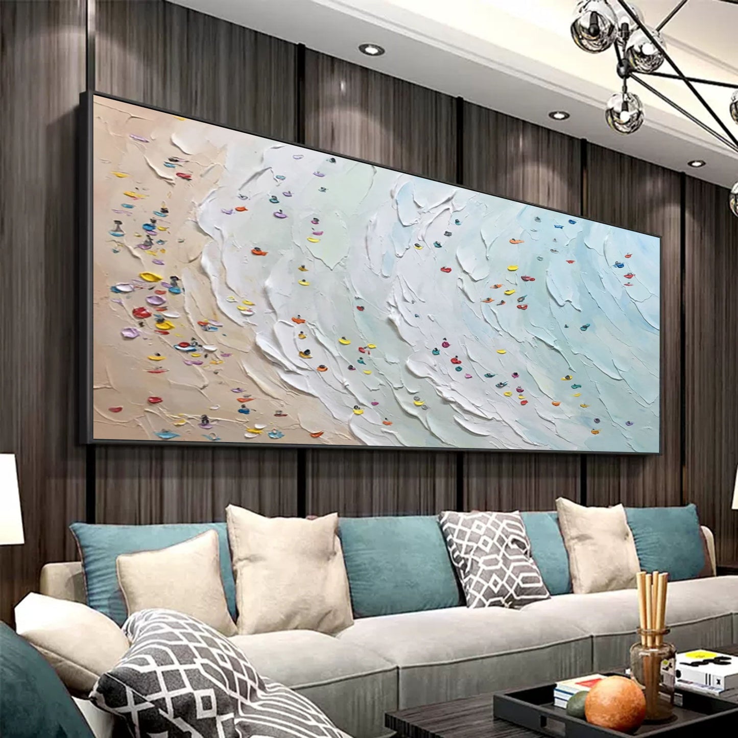 Coastal Waves Oil Painting with Textured Beach and Colorful Boats