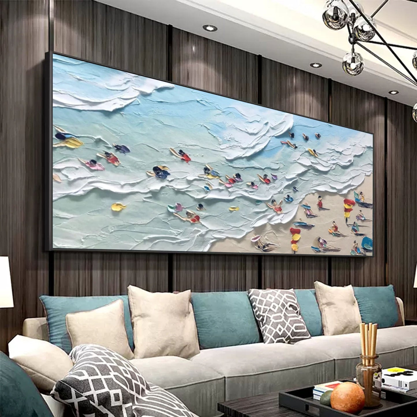 Coastal Bliss: Textured Oil Painting of Beach Scene with People and Ocean Waves