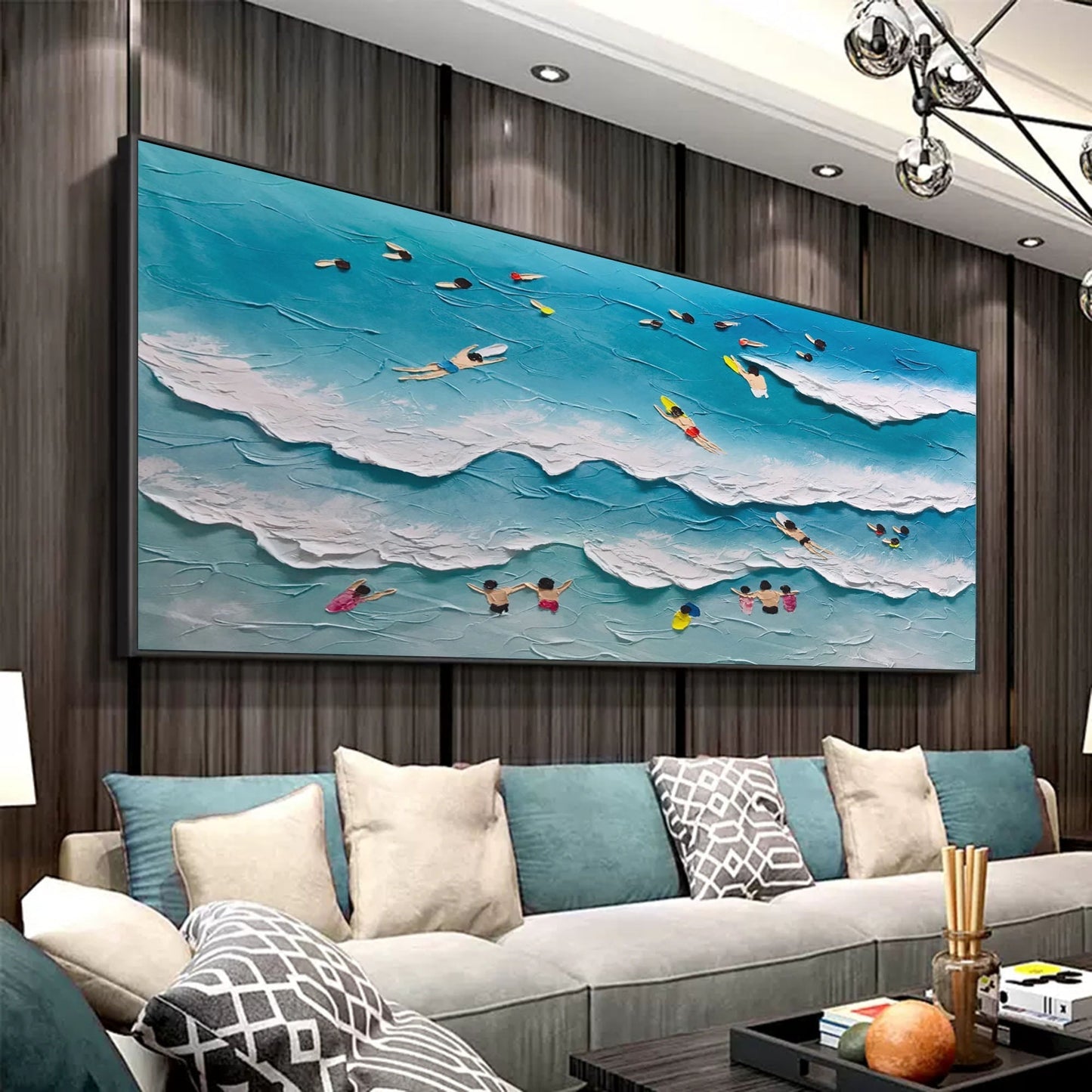 Vibrant Beach Scene Oil Painting with Textured Waves and Summer Fun