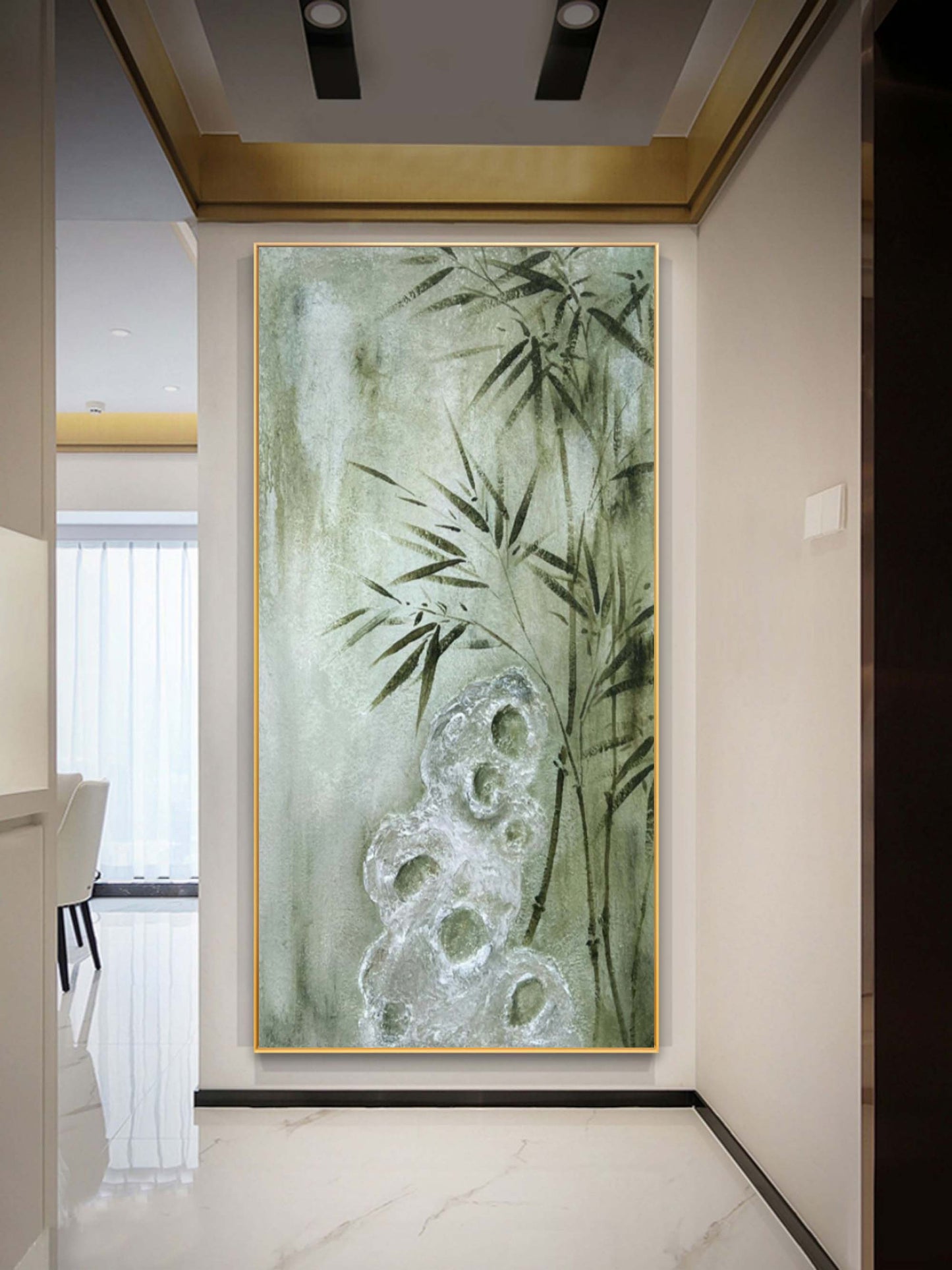 Serene Bamboo Oil Painting for Minimalist Home Decor and Wabi-Sabi Aesthetics