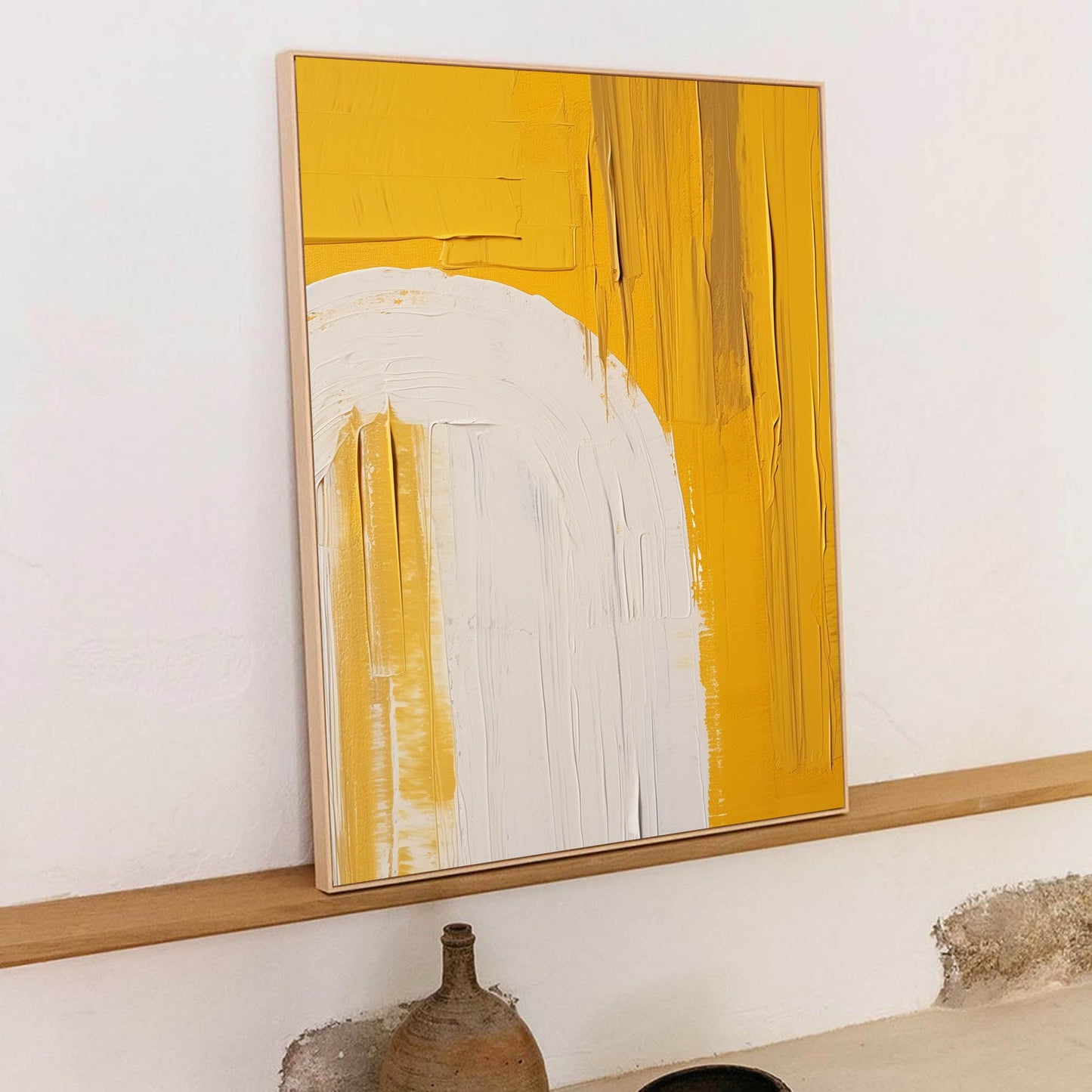 Vibrant Minimalist Yellow and White Abstract Oil Painting for Modern Decor