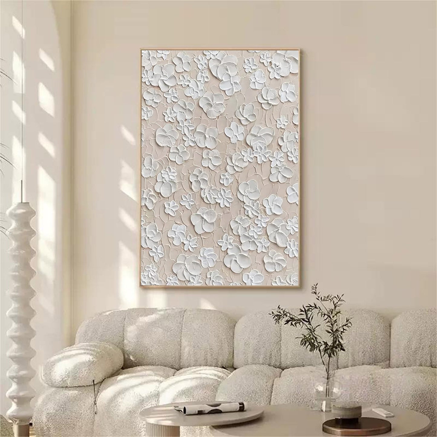 Textured Floral White Oil Painting for Elegant Home Decor