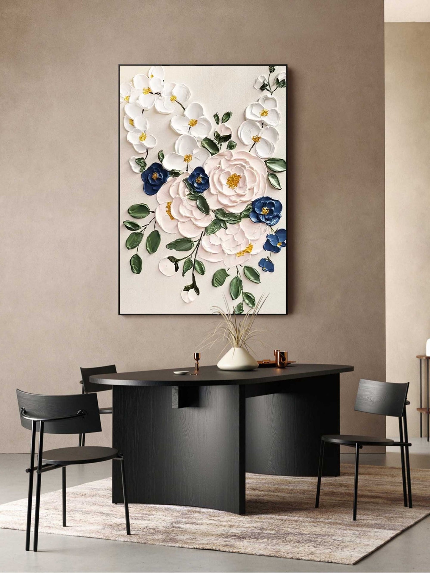 Elegant Floral Oil Painting with Vibrant Colors and Textured Blossom Design
