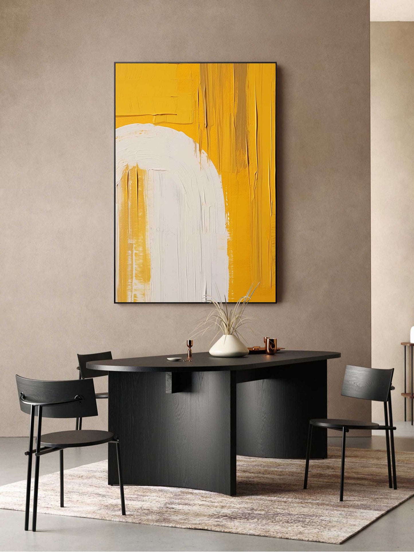Vibrant Minimalist Yellow and White Abstract Oil Painting for Modern Decor