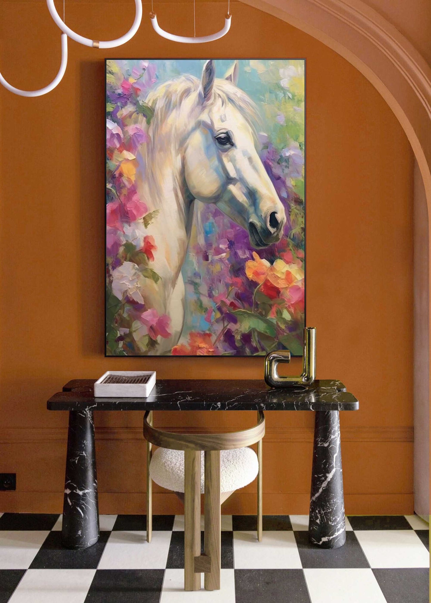 Majestic White Horse Oil Painting Surrounded by Vibrant Floral Beauty