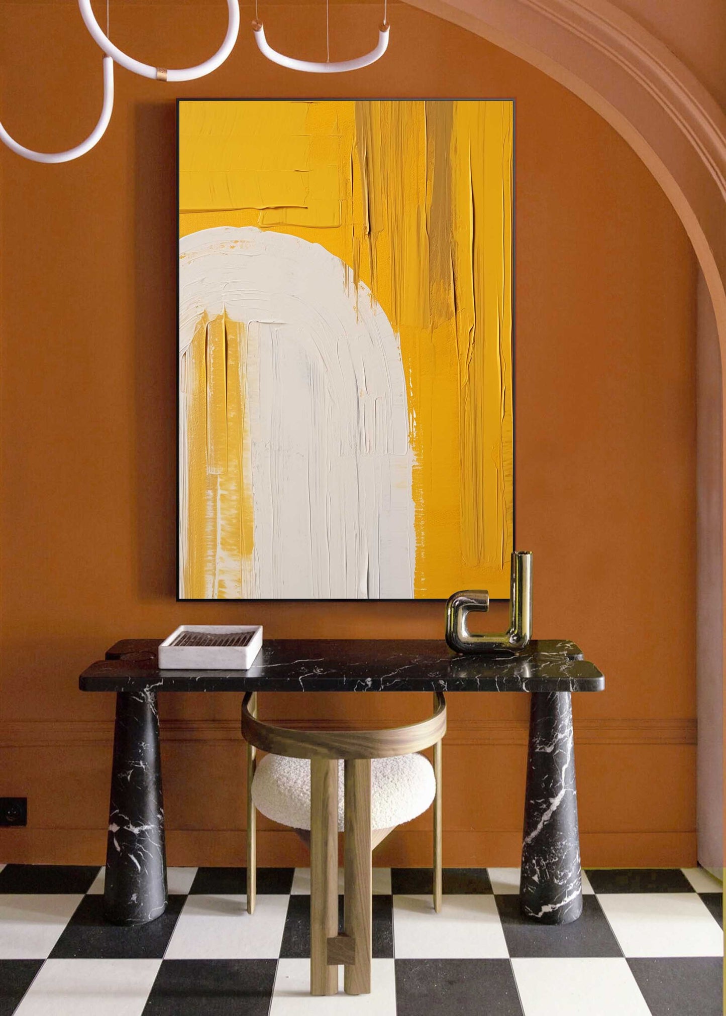 Vibrant Minimalist Yellow and White Abstract Oil Painting for Modern Decor