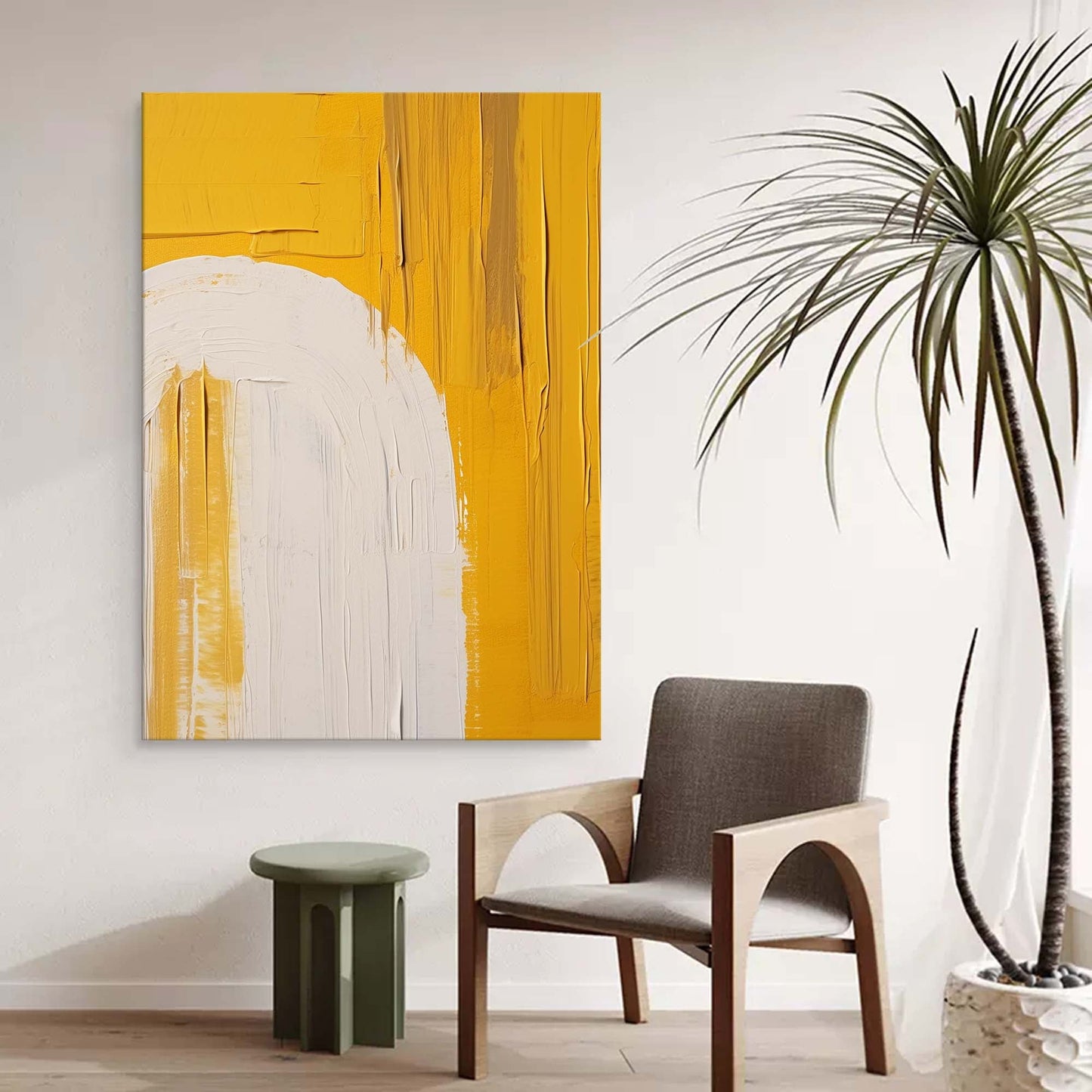 Vibrant Minimalist Yellow and White Abstract Oil Painting for Modern Decor