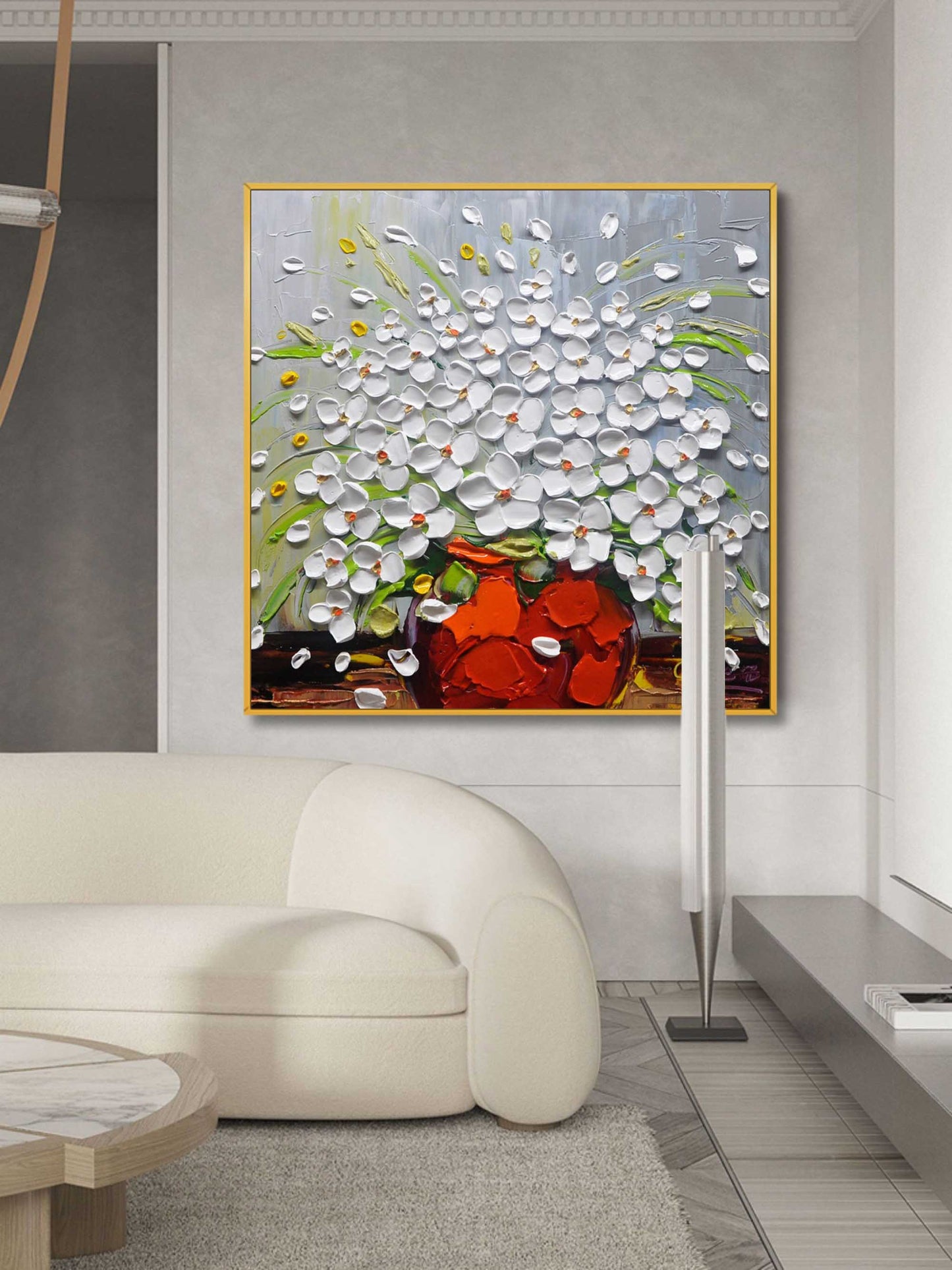 Vibrant Floral Still Life with White Flowers in a Bold Orange Vase