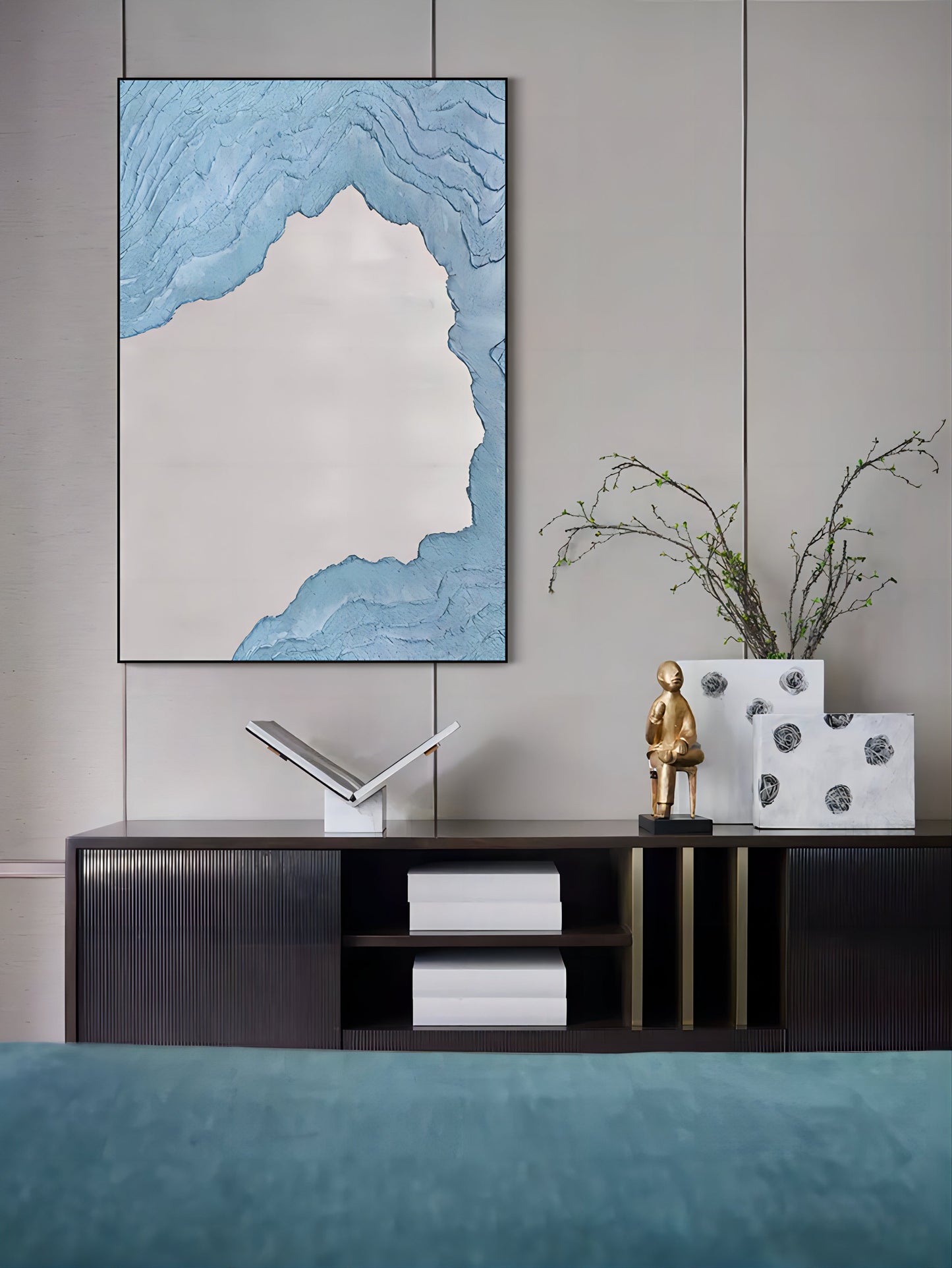 Abstract Blue and White Oil Painting with Textured Finish for Contemporary Decor