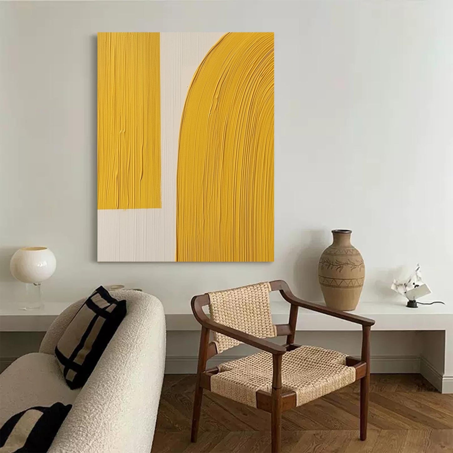 Contemporary Minimalist Yellow Abstract Oil Painting for Modern Home Decor