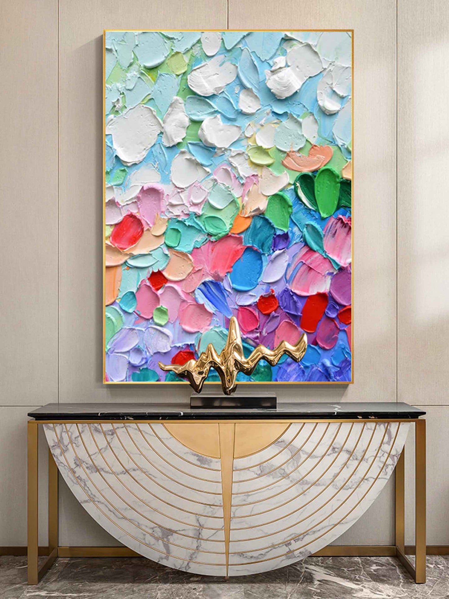 Vibrant Abstract Floral Oil Painting with Bold Textures and Rich Colors