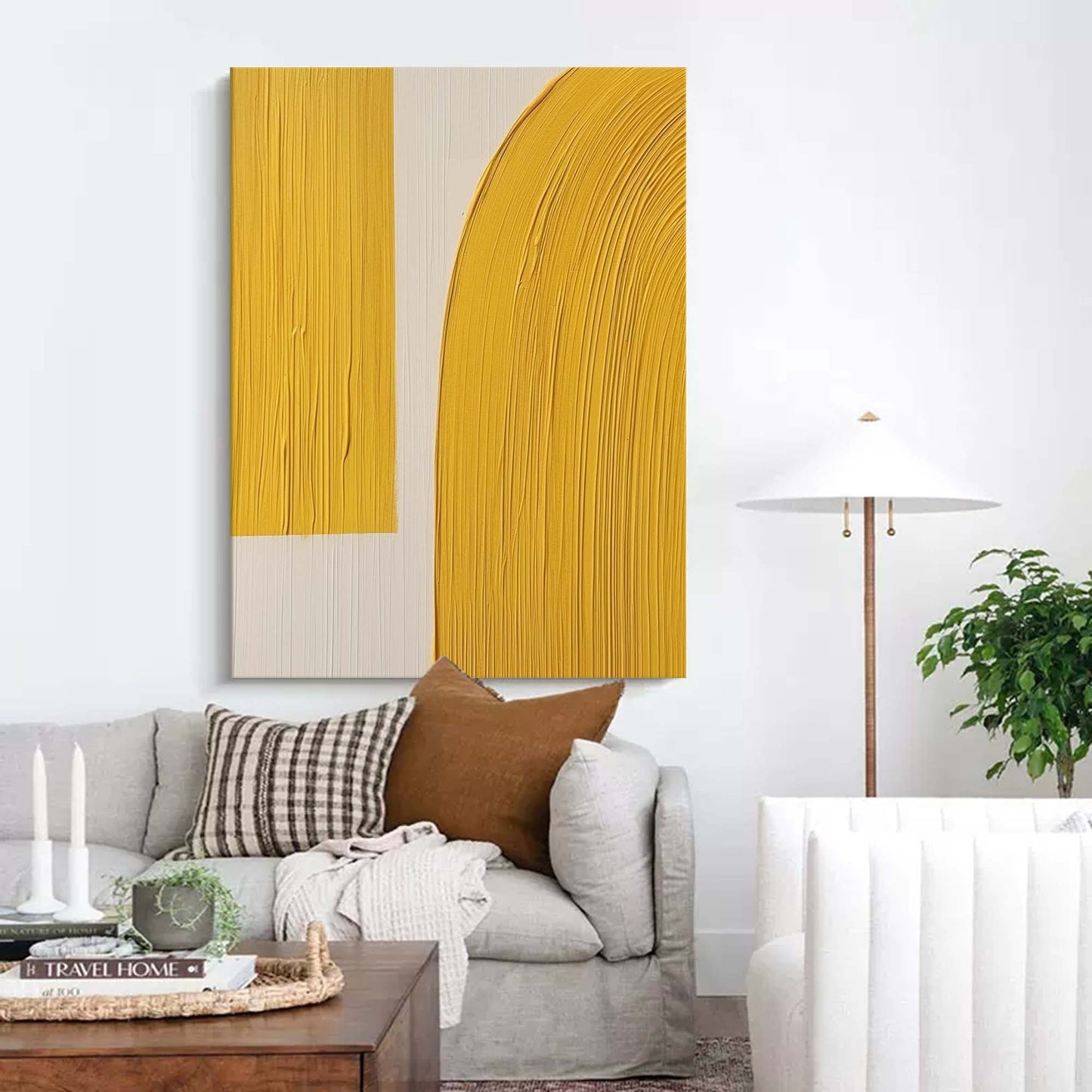Contemporary Minimalist Yellow Abstract Oil Painting for Modern Home Decor
