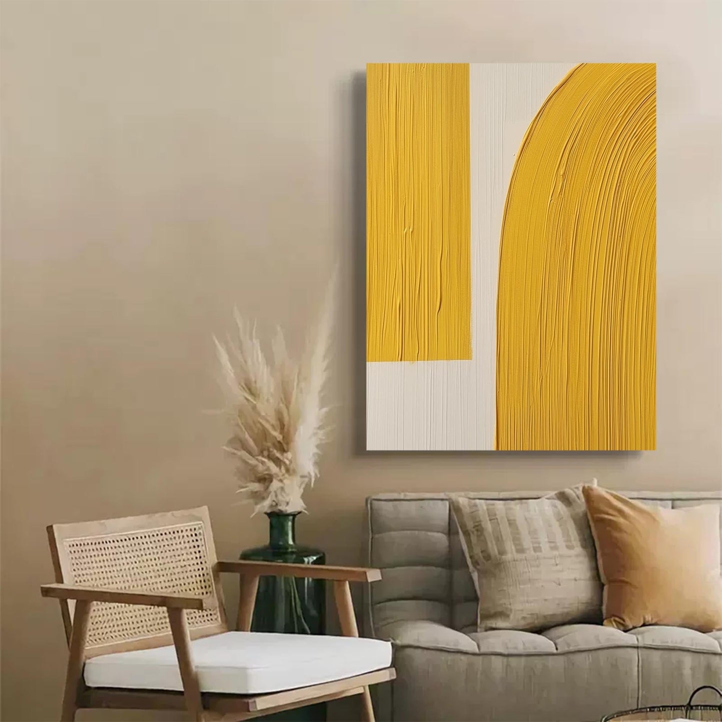 Contemporary Minimalist Yellow Abstract Oil Painting for Modern Home Decor