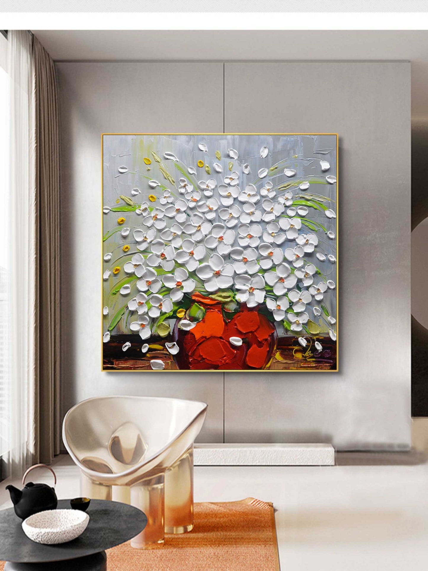 Vibrant Floral Still Life with White Flowers in a Bold Orange Vase